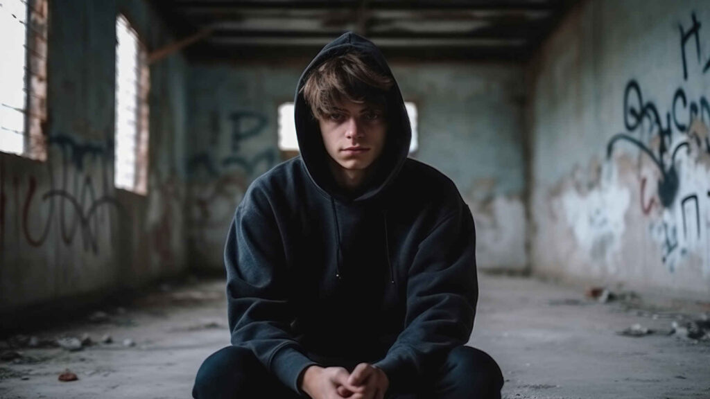 Young boy sits in dark cement room struggling with mental health for teens