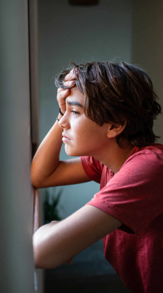 Adolescent boy with dark hair looking leaning on a window sill and sadly looking out the window