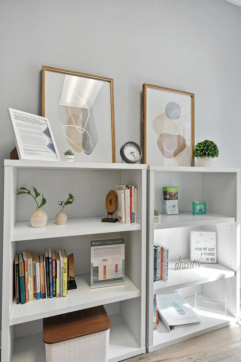 basepoint-academy-forney-teen-mental-health-facility-bookcase-with-paintings