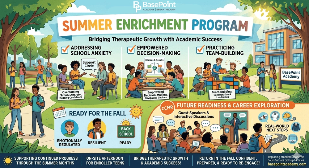 BasePoint Academy Summer Enrichment Program Infographic. Addressing school anxiety, empowered decision making, and practicing team building.