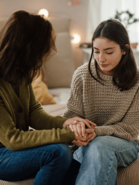 A mother sits and listens to her daughter talk about g a mental health concern