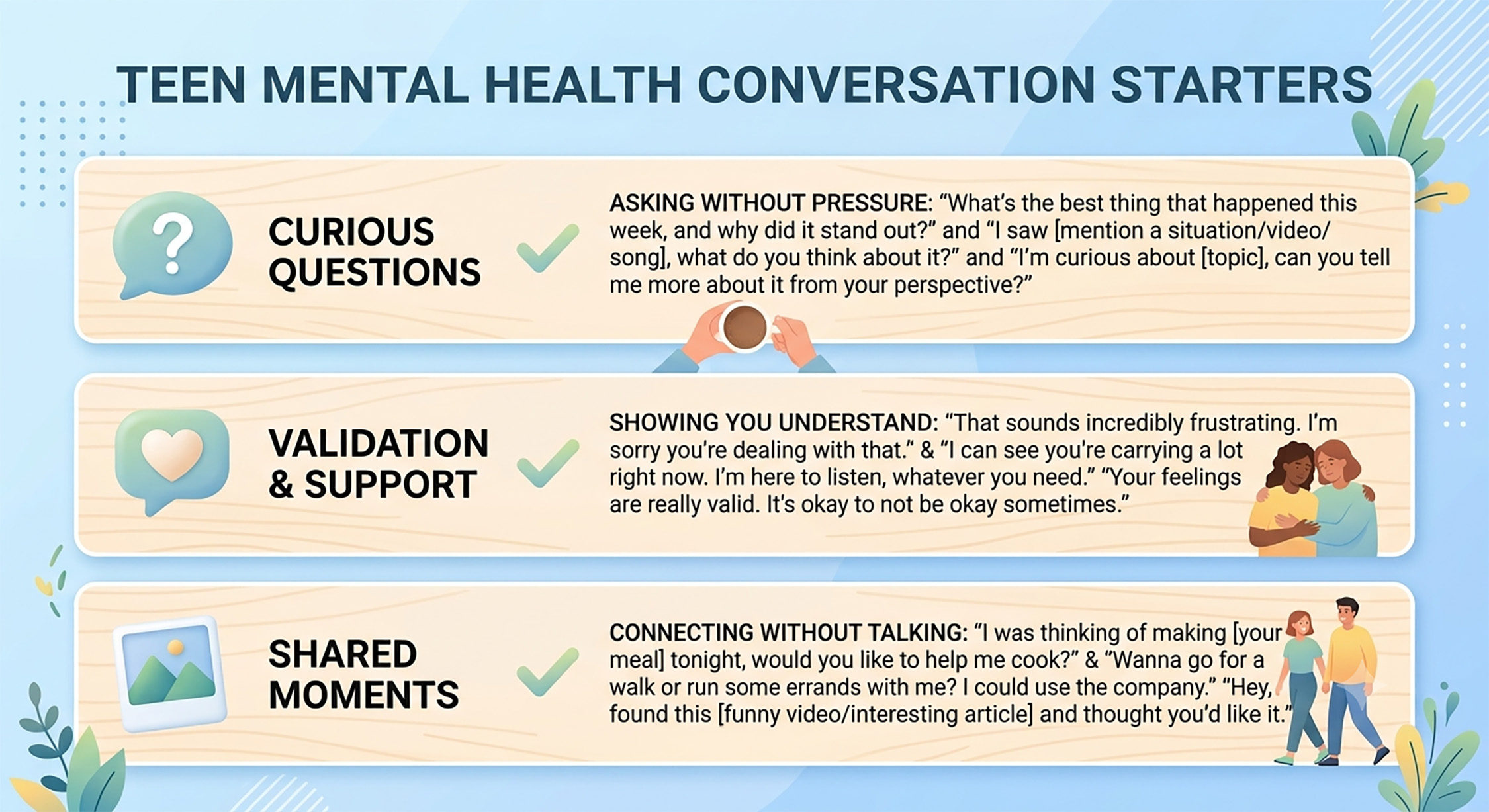 A graphic with three suggestions for parents to start conversations with their teenagers