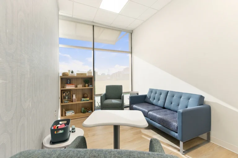 Individual therapy room with a blue sofa, an armchair, and a large window at BasePoint Academy North Richland Hills